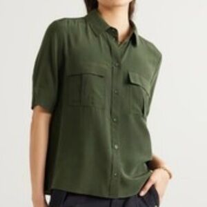 Frame Olive Green Patch Pocket Button-Up Silk Shirt size XS
